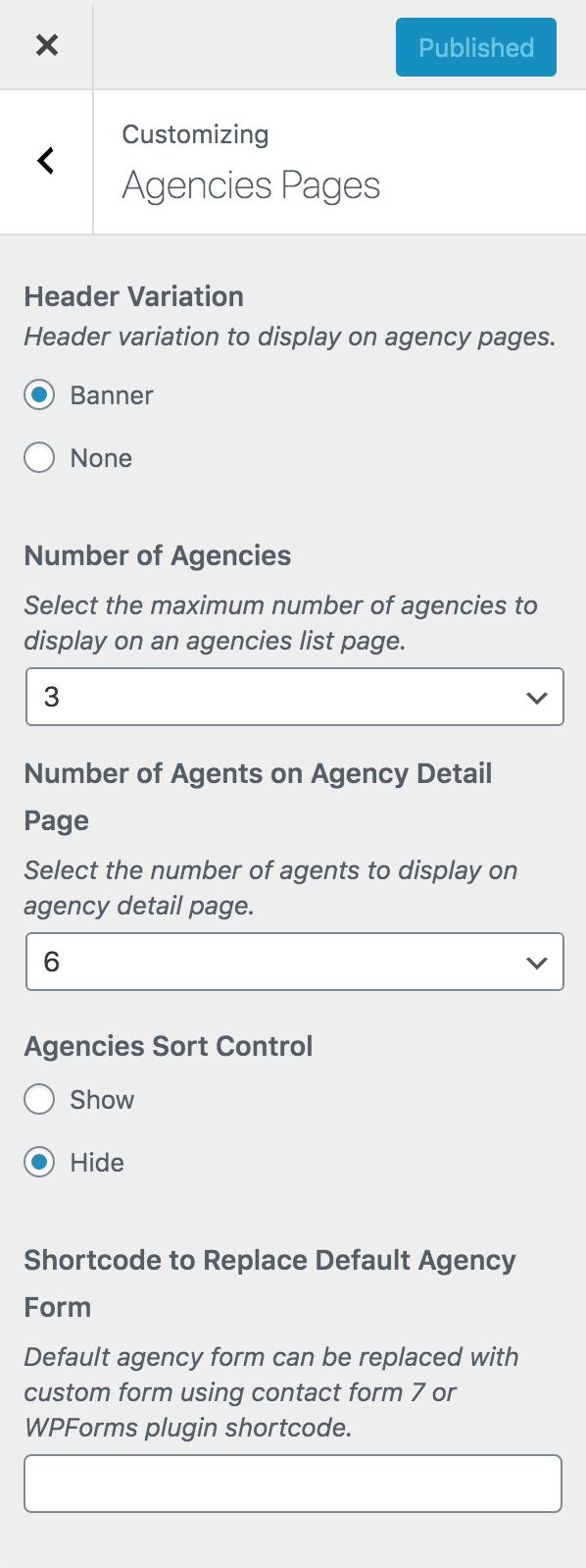 Agencies Page Customizer Settings