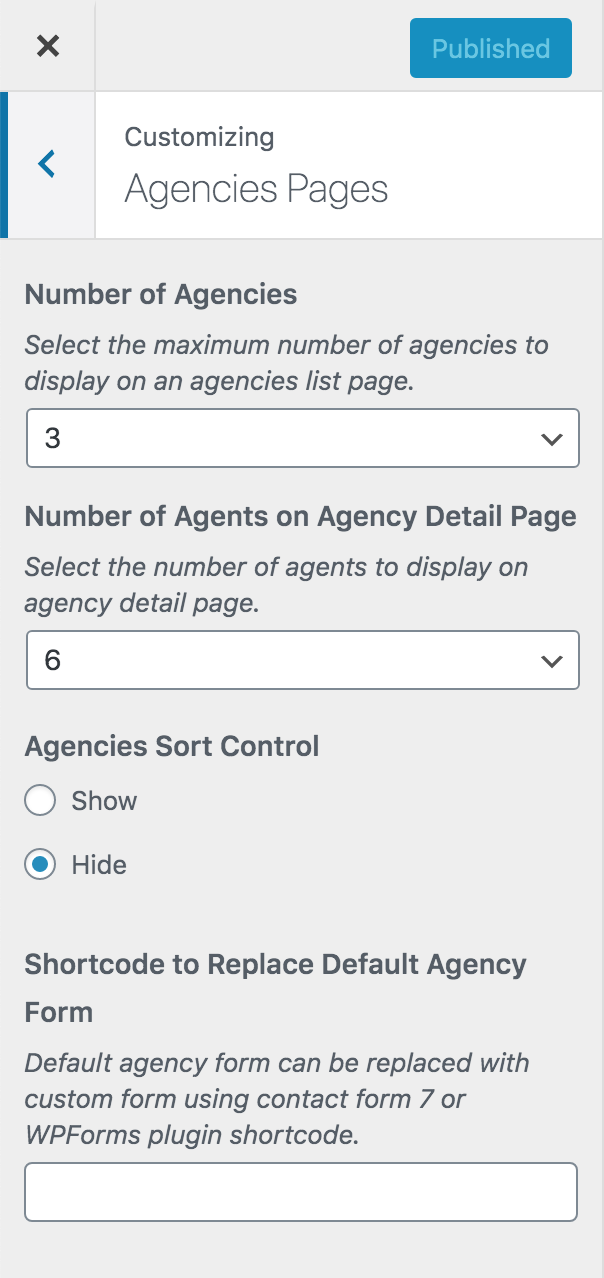 Configurações do personalizador da página de agências