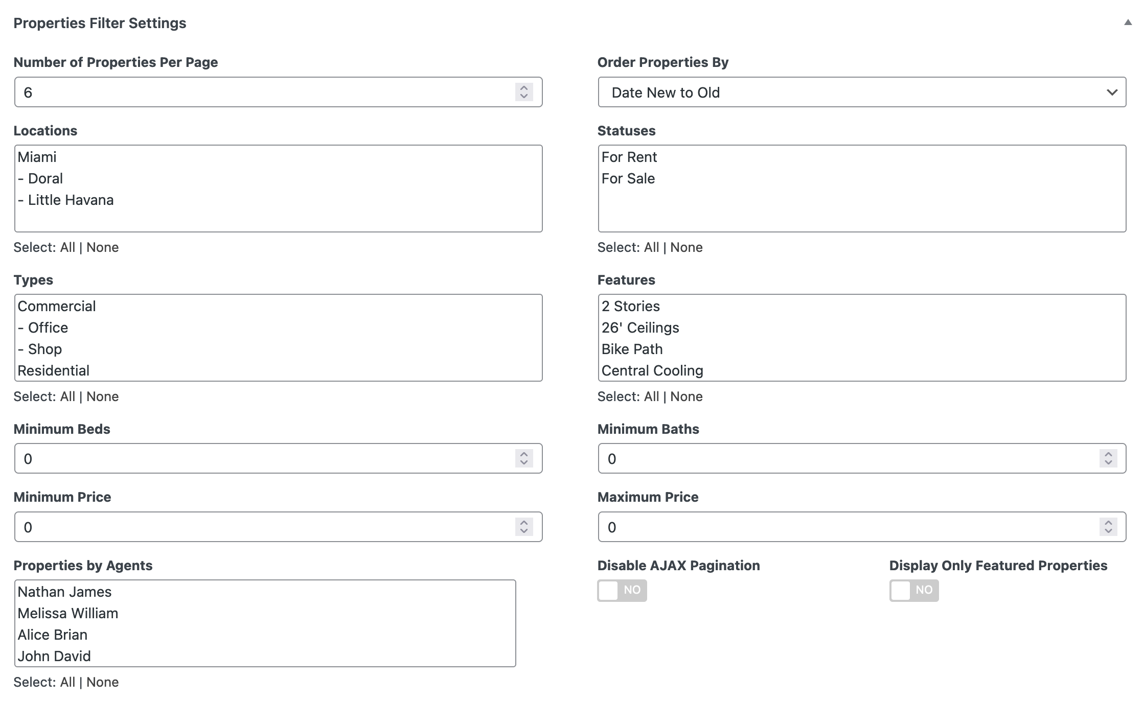 Properties Filter Settings