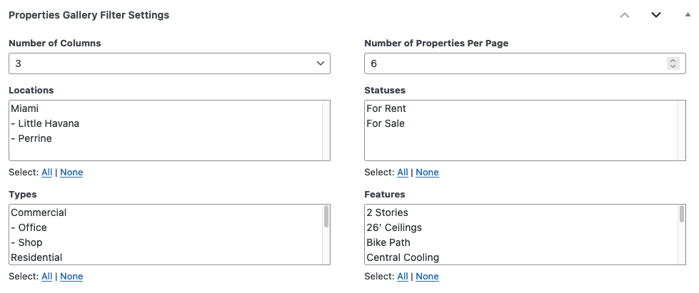 Properties Gallery Filter Settings