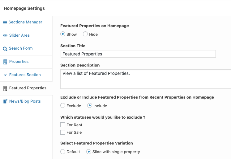 Featured Properties Settings