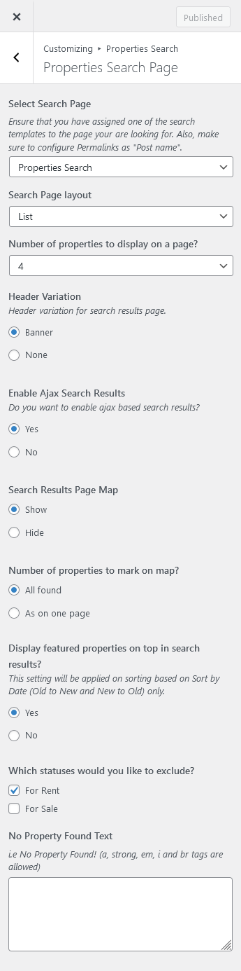 Properties Search Page Settings