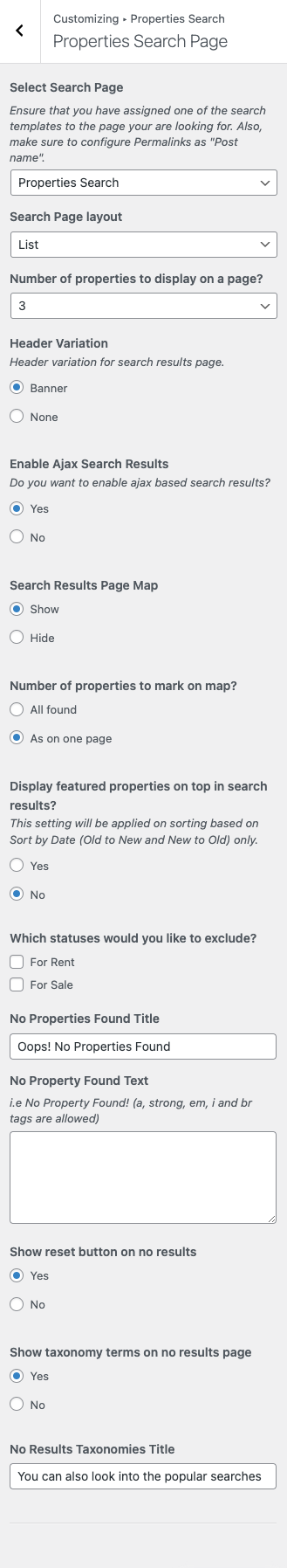 Properties Search Page Settings