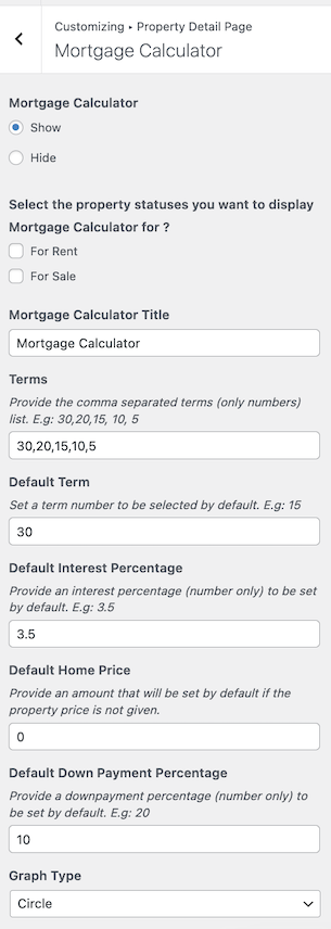 Property Mortgage Calculator Settings